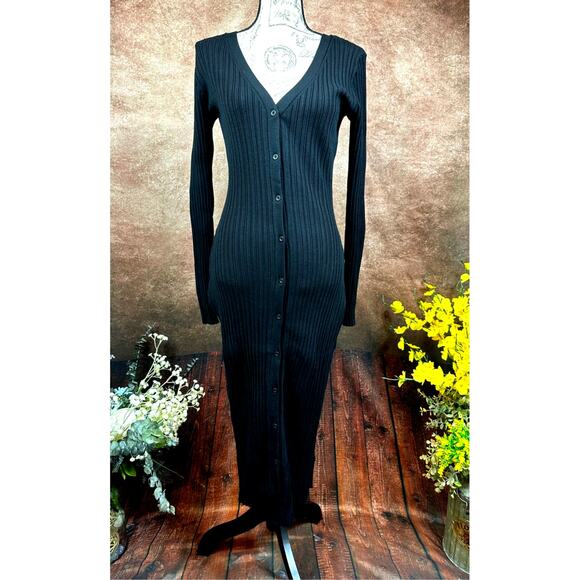 LITA By Ciara Icon Rib V Neck Cardigan Button Front Midi Dress Black M - Picture 9 of 16